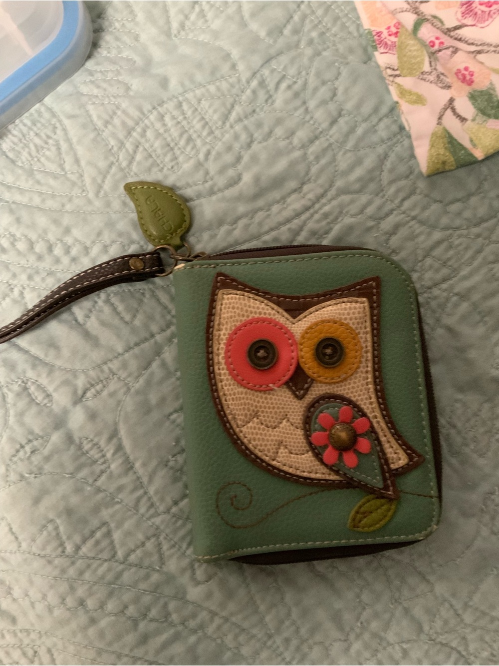 Chala Teal Owl Zip Wallet with Multicolor Appliqué